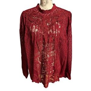 Torrid Woman’s Rhubarb Mixed Lace High Neck Top Long Sleeve Blouse Sz 5X (28)